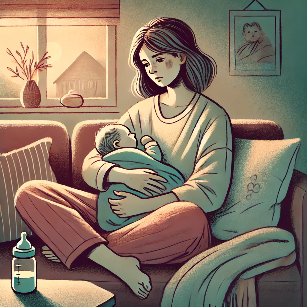 Postpartum Depression of a mother, holding a baby with sad face