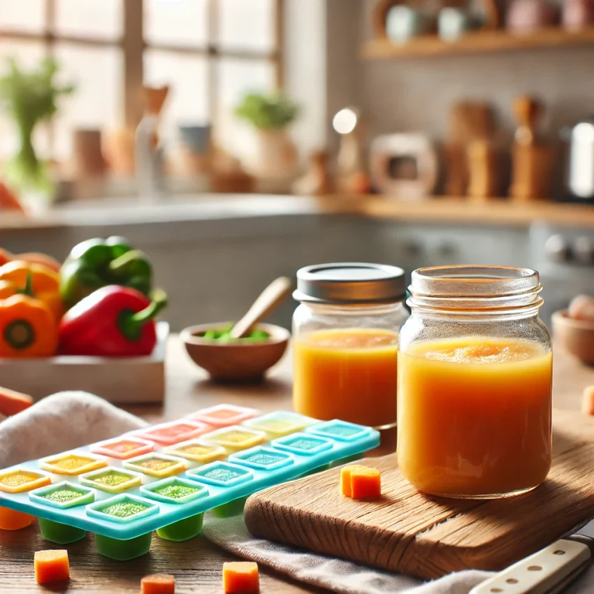 captures a cozy kitchen with a glass jar of homemade baby food, ice cube trays filled with purees, and fresh vegetables, creating a warm and inviting atmosphere for parents preparing meals.