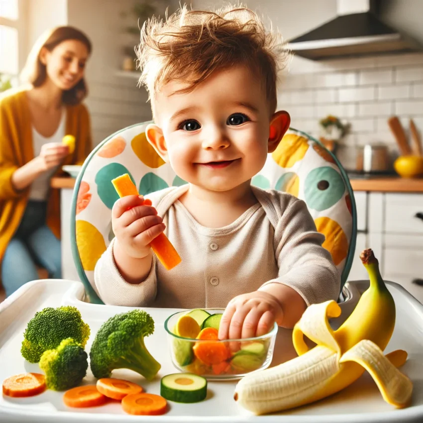 Here is an illustration of a baby practicing baby-led weaning