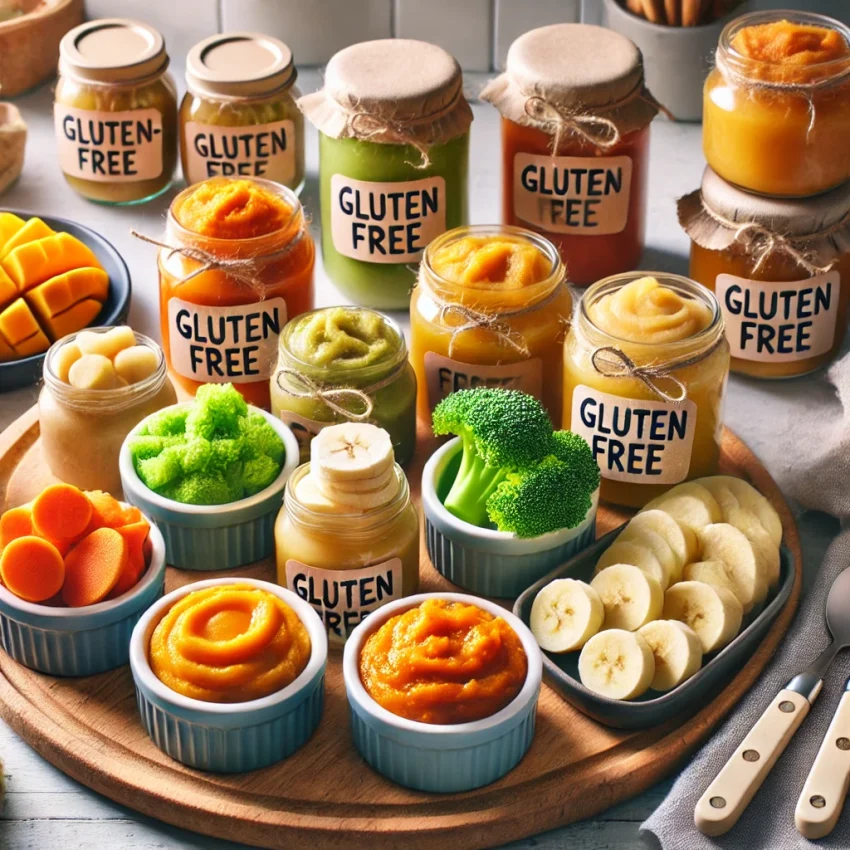 variety of colorful gluten-free baby food displayed