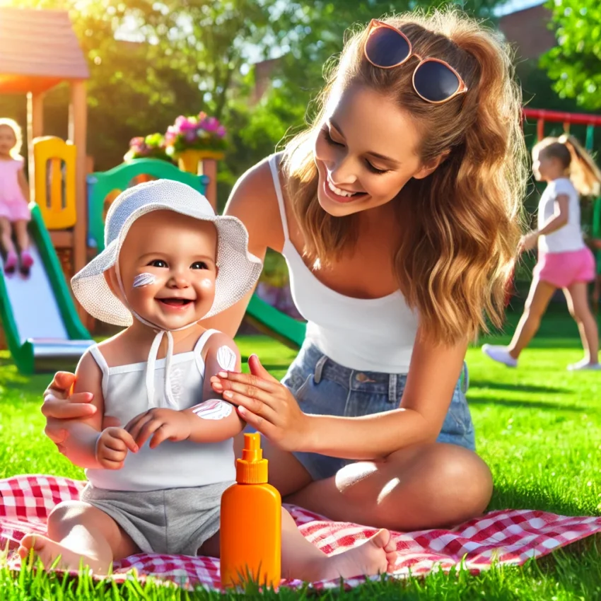 Mom & baby are having sunscreen time near playground