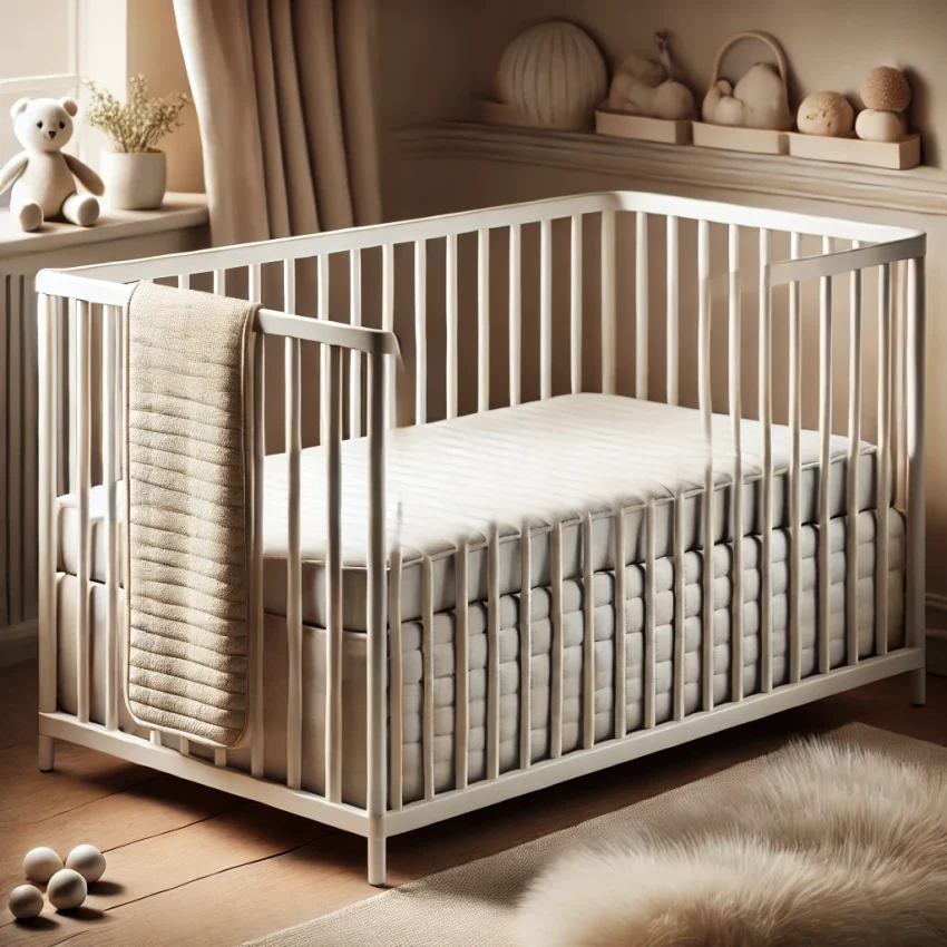 A baby crib with mattress