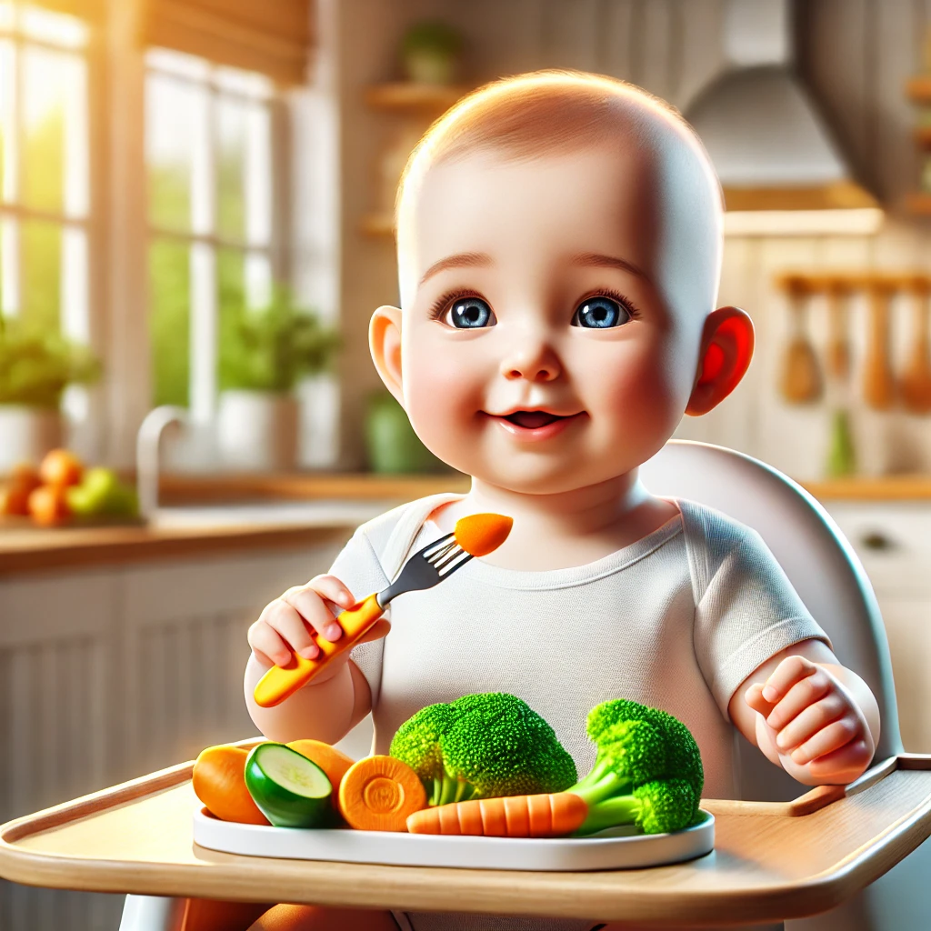 A happy baby enjoying vegetables while sitting on a feeding chair