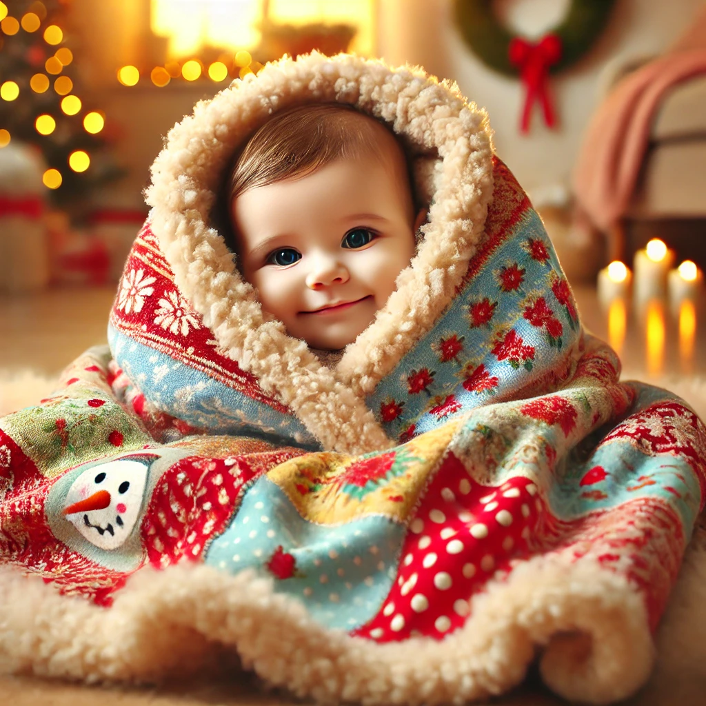 A cute baby is cuddling with a woolen baby blanket and enjoying the winter